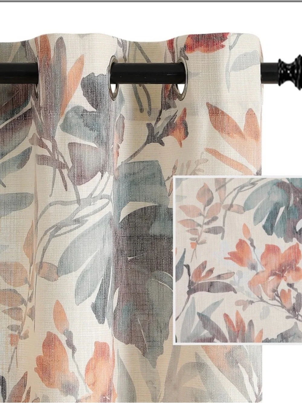 Floral Sheer Grommet Curtain Panel in Cream, Coral & Sage - Unbranded 95”